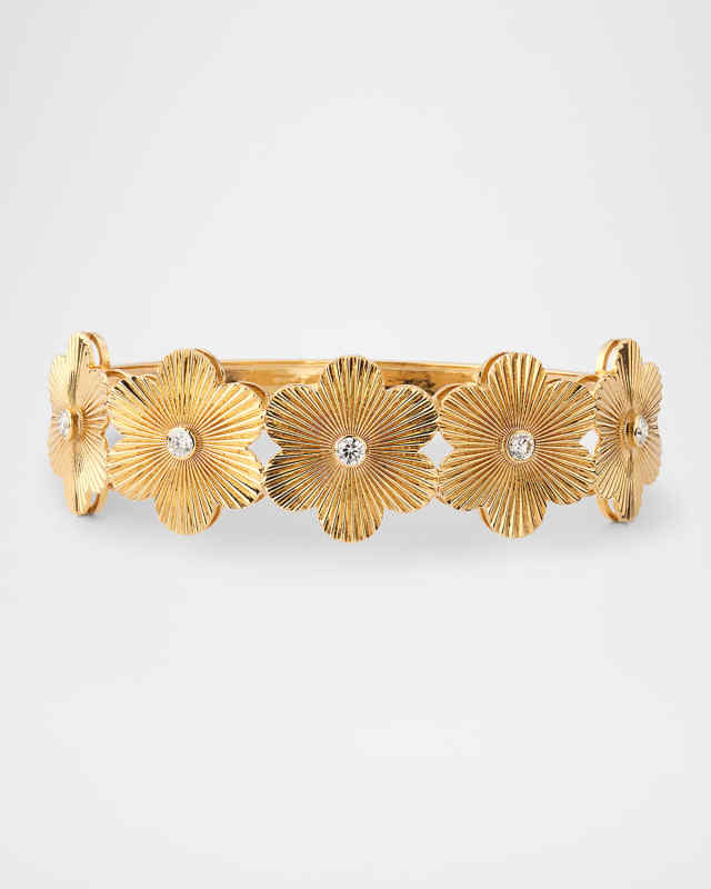 14K Yellow Gold Fluted Flower Diamond Bangle Bracelet